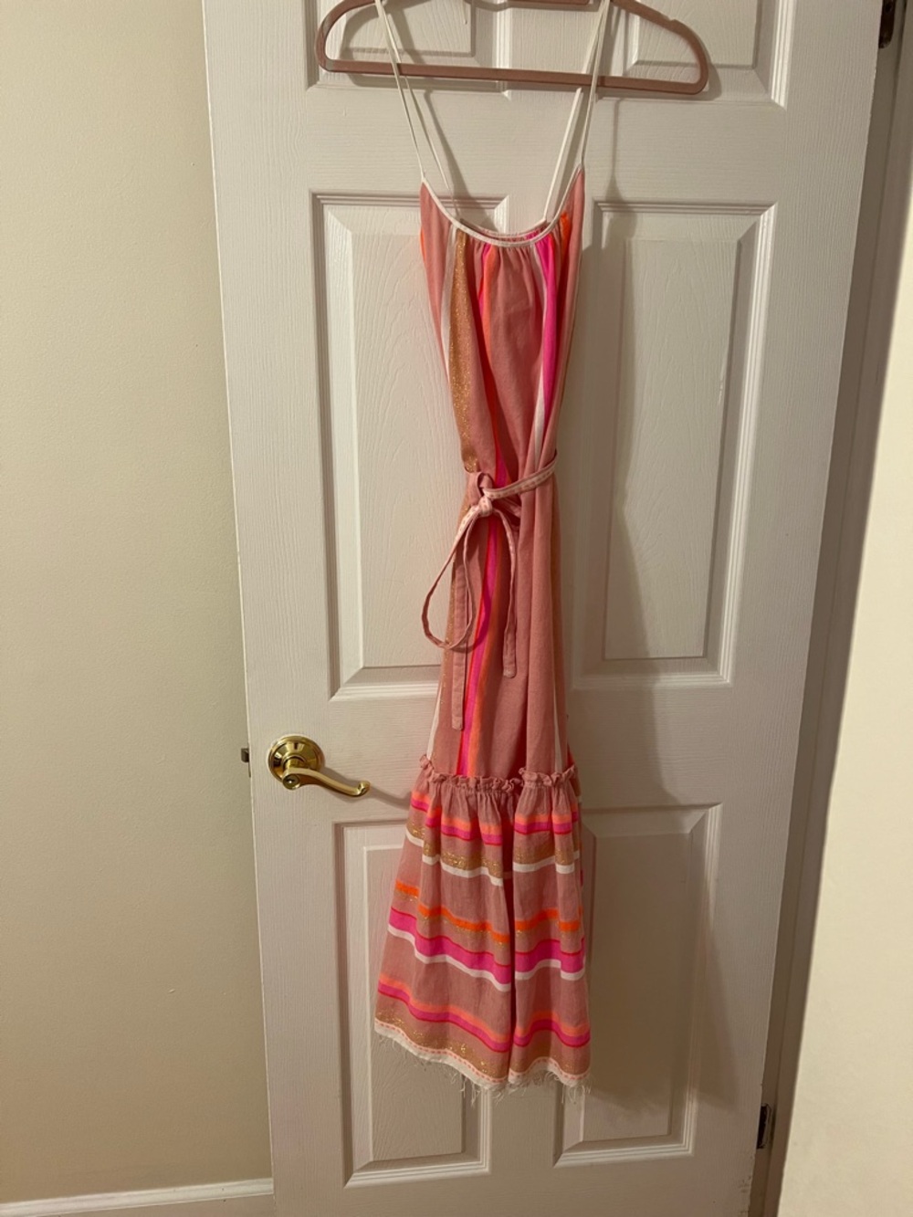 Lemlem Pink, Orange And Gold Striped Dress With Thin Straps and Tie Waist